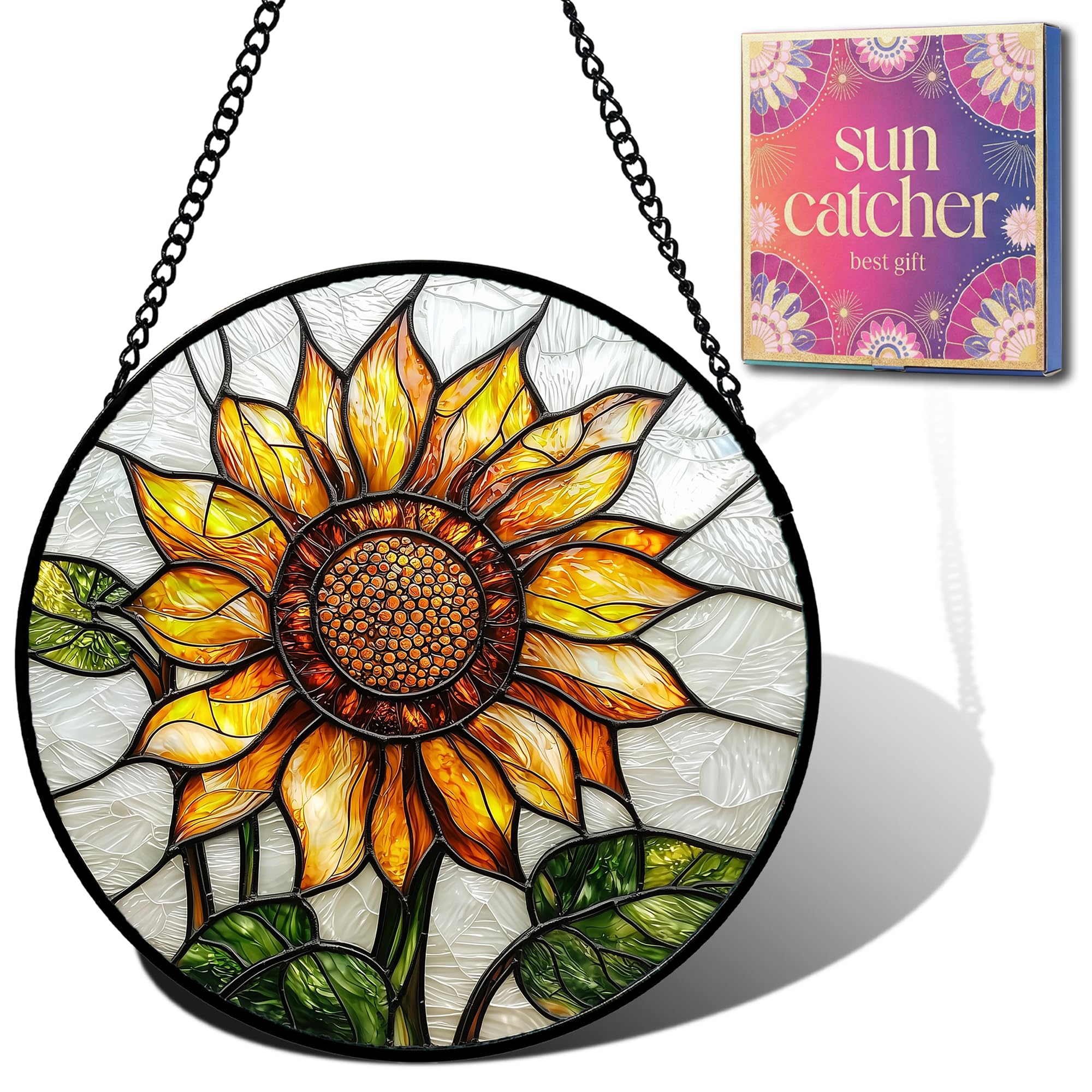Sunflower Gifts for Women - Yellow Flower Faux Stained Glass Window Hanging Sun Catcher for Door Garden Acrylic Decor Mother's Day Christmas Birthday Gift for Mom Nana Grandma Sisters Colleague 6.3"