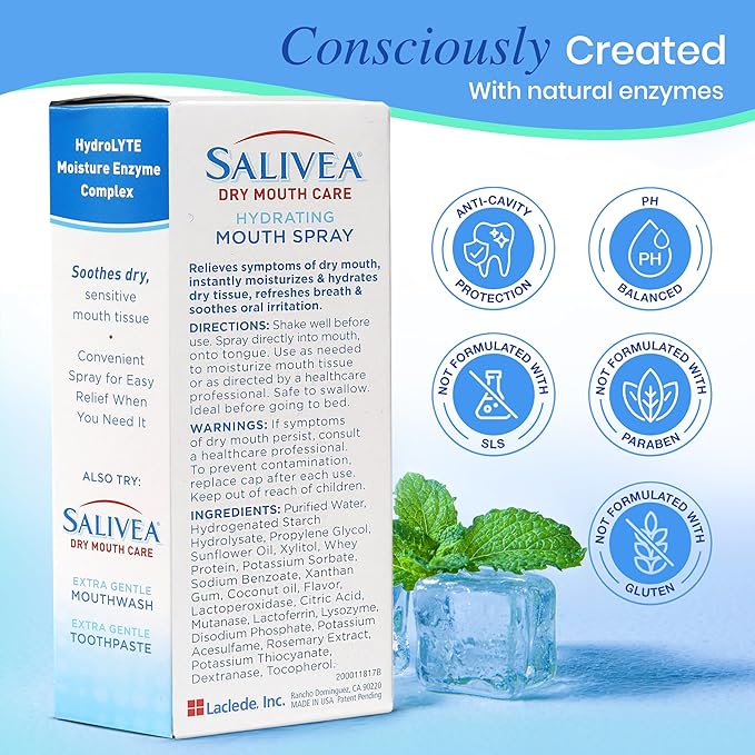 SALIVEA Extra Gentle Dry Mouth Spray - Soothing Mint Mouth Spray with Natural Salivary Enzymes - 250 Pumps (2 Pack)