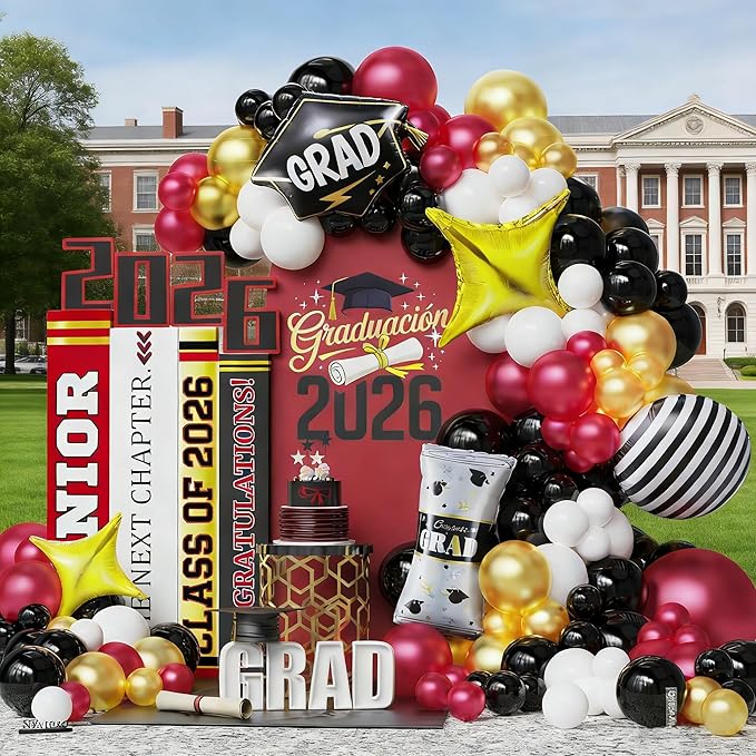 Graduation Balloon Garland Arch Kit 2026, 150Pcs Burgundy Black Gold White Balloons for Class of 2026 Celebration Graduation Party Decorations, Congrats Grad Backdrop Decor