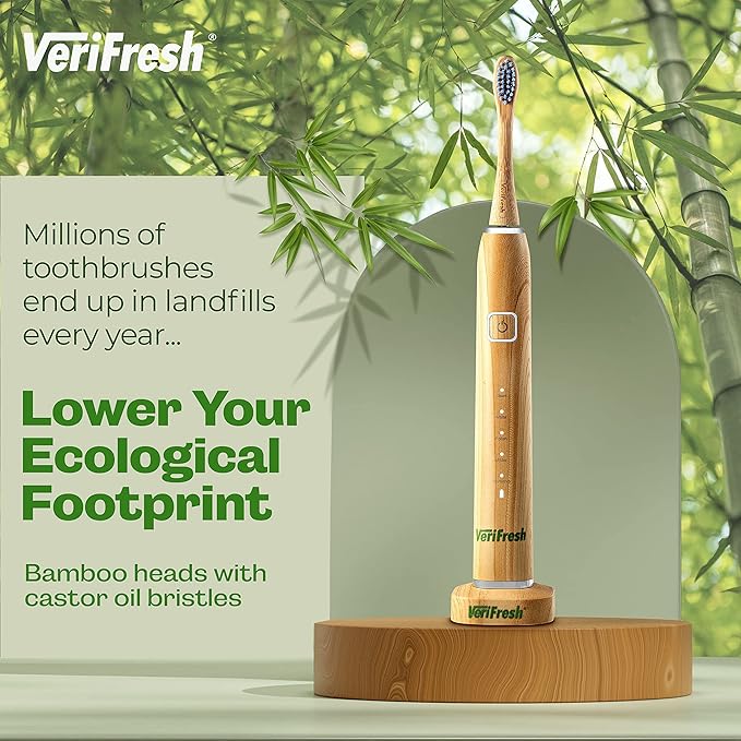 Sonic Bamboo Toothbrush - Biodegradeable Bamboo Heads with Castor Oil bristles - Includes 2 Brush Heads