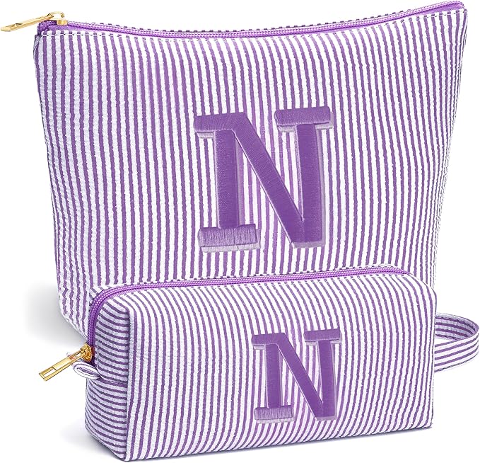 Initial Travel Toiletry Bag for Women - Travel Essentials, Personalized Travel Makeup Bag Small Cosmetic Make up Bag Cute Stuff Birthday Gifts for Women Mom Girlfriend Teacher, Purple Letter N