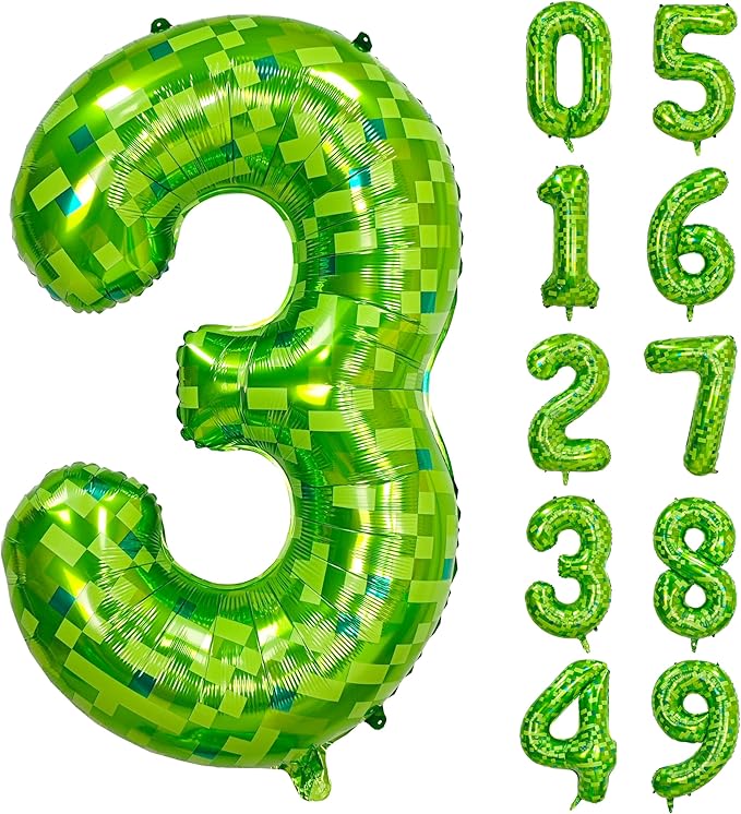 40 inch giant Green pixel miner game number 3 balloon Large mining theme foil balloon 0-9 Suitable for pixel game parties children's birthdays party anniversary celebrations baby shower decoration