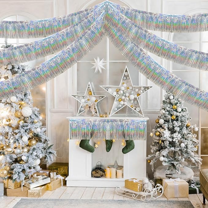 4 Packs 10 Feet Long Laser Silver Foil Fringe Garland Shiny Metallic Tinsel Wall Hanging Banner for Car Parade Birthday Parties Floats Wedding Baby Shower Ceremonies Bachelorette Garden Decorations