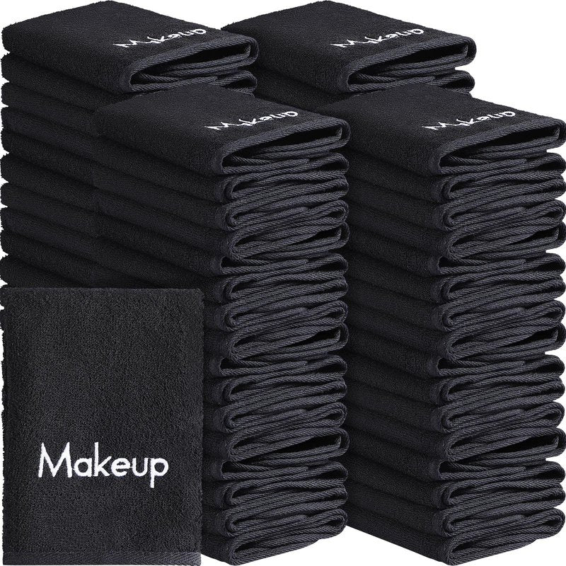 Chumia 18 Pcs Makeup Remover Cloths 13 x 13 Inch Makeup Towel Face Washcloths with Embroidery Black Reusable Washcloths Soft Cleansing Face Towel for Women