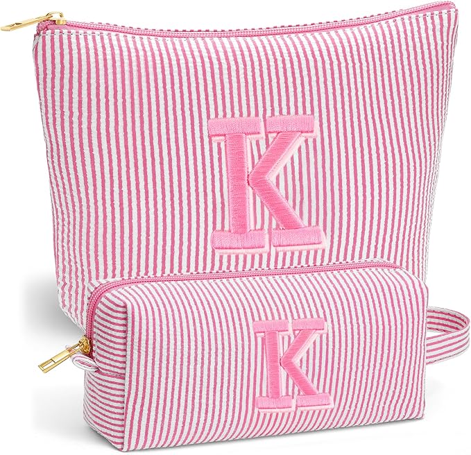 Travel Makeup Bag for Girls - Personalized Initial Pink Makeup Bag, Teen Girl Gifts Trendy Stuff, 6 7 8 9 10 11 12 Year Girl Birthday Gift, Christmas Gift for Girls Travel Essentials, Letter K