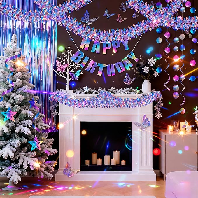 BTSD-home Iridescent Happy Birthday Banner 11ft Pre-Strung Letter Cards Reusable Cardstock Iridescent Birthday Decorations Unisex for Indoor Outdoor Holographic Party Backdrop