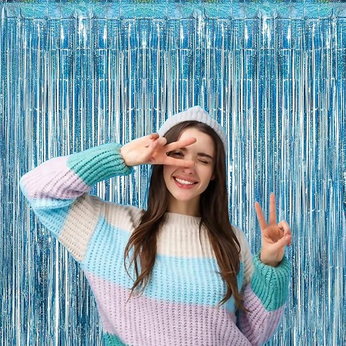 Blue Streamers for Party Decorations - 3 Pack 3.3ft x 8.3ft Tinsel Curtains for Bluey Birthday and Winter Wonderland Occasions