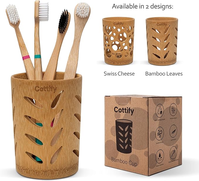 Eco-Friendly Bamboo Toothbrush Holder with Drainage – Quick Drying Single-Piece Design – Toothbrush Holders for Bathrooms – Wooden Toothbrush Holder Resilient in Humid Conditions - Matte Leaves