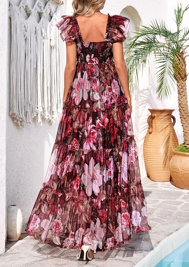 PRETTYGARDEN Women's Summer Tulle Midi Dress Sleeveless Smocked Ruffle Flowy Mesh Dresses Party Wedding Guest Sundress