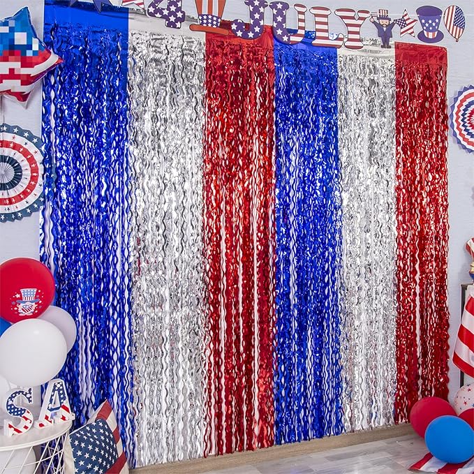 LOLStar 4th of July Decorations, 5 Pack Red White Blue Wavy Tinsel Foil Fringe Curtains, Memorial Day Photo Booth Prop Streamer Backdrop for Patriotic America Party, Independence Labor Day Decoration