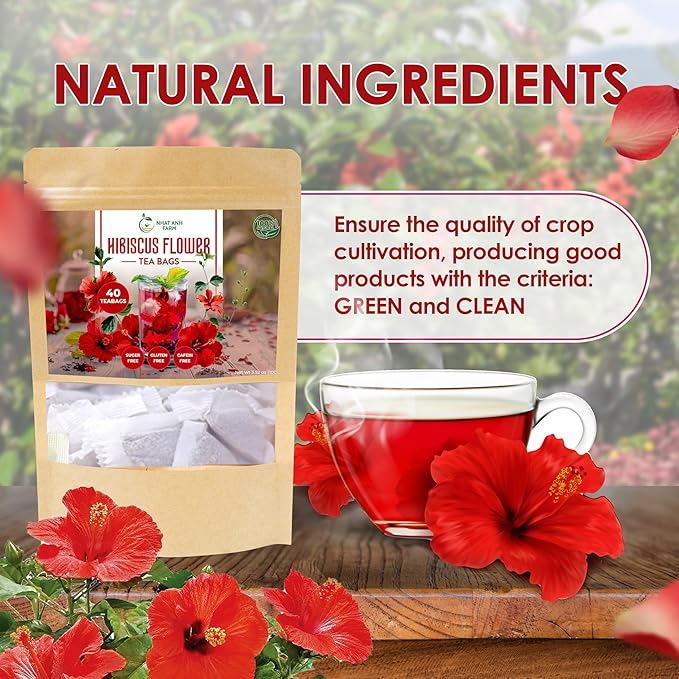 Premium Hibiscus Tea Bags - Dried Hibiscus Flower Tea Bags - 40 Teabags, 2.5g/bag), 100% Natural & Pure Hibiscus Flowers, Sugar/Caffeine/Gluten Free. Good For Your Health