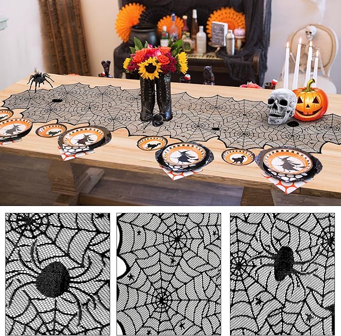 Halloween Decorations Indoor Set - Halloween Festive Decor Happy Halloween Banner Hanging Swirls & Spider Web Table Runner & Mantel Scarf & 3D Bat Sticker for Spooky Haunted House Home Kitchen Decor