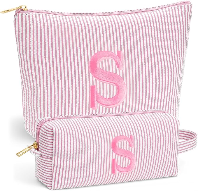 Sister Birthday Gifts for Girls - Travel Makeup Bag Set, Big Sister Gifts for Girls 6-12 Year Old Girl Gift Teen Girl Gifts Trendy Stuff, Personalized Cute Stuff Initial Makeup, Light Pink S