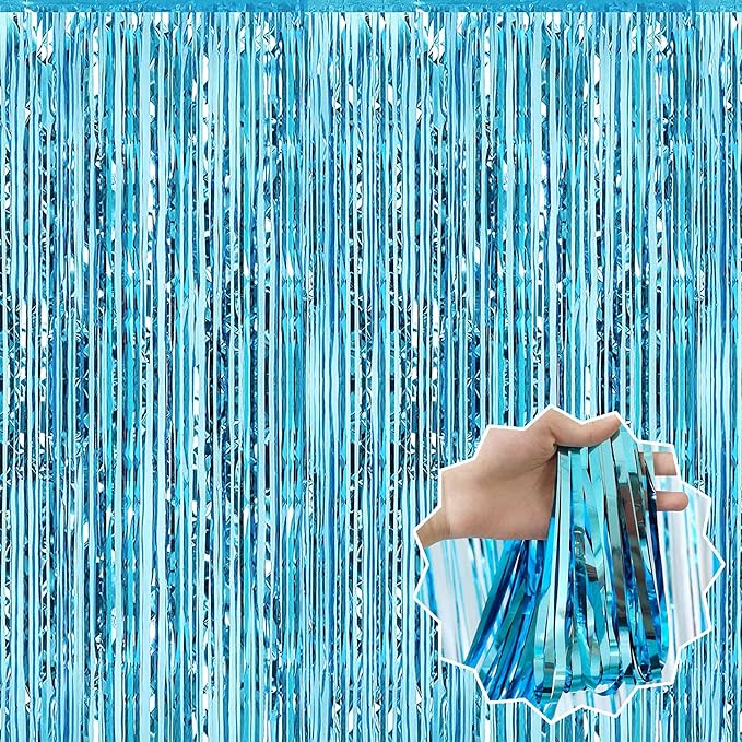 6 Pack Light Blue Foil Fringe Curtains Backdrop, 3.28 x 9.8 Ft Metallic Streamers Tinsel Curtains Background for Photo Booth, Birthday, Halloween, Christmas, Thanksgiving, New Year Party Decorations