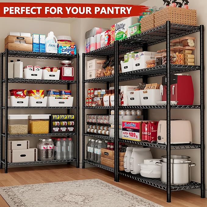 REIBII Storage Shelves Load 1980LBS,5 Tier Metal Shelving Unit with Wheels,Adjustable Garage Shelving Wire Shelves Commercial Shelf for Garage Pantry Kitchen,76''HX36''WX16''D Black