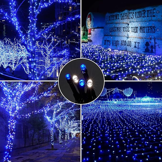 Wellisnow 164ft 500 LED Blue White Christmas Lights, 8 Lighting Modes Waterproof Christmas Lights Outdoor Plug in for Christmas Tree Yard Wedding Decorations(164FT,Blue&White)