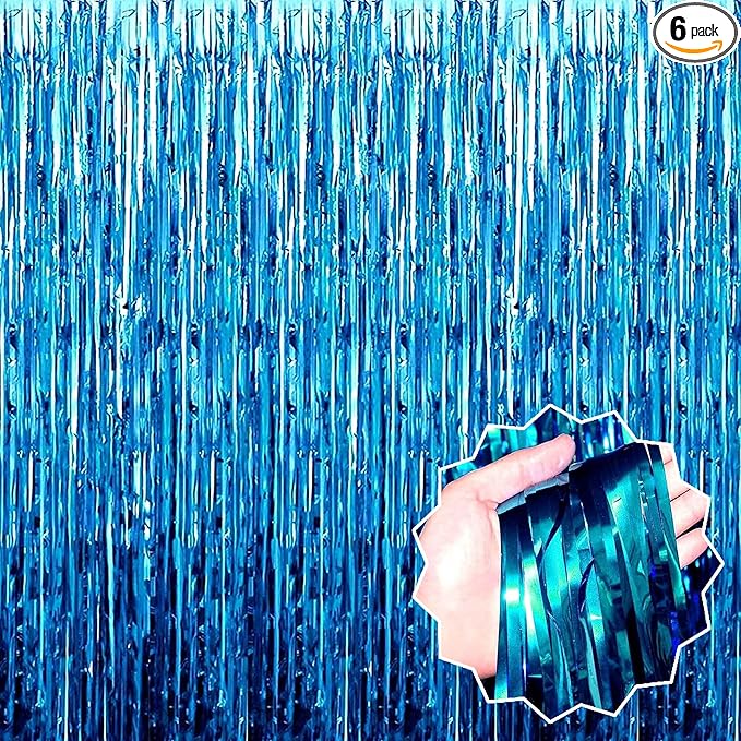 6 Pack Lake Blue Foil Fringe Curtains Backdrop, 3.28 x 9.8 Ft Metallic Streamers Tinsel Curtains Background for Photo Booth, Birthday, Halloween, Christmas, Thanksgiving, New Year Party Decorations