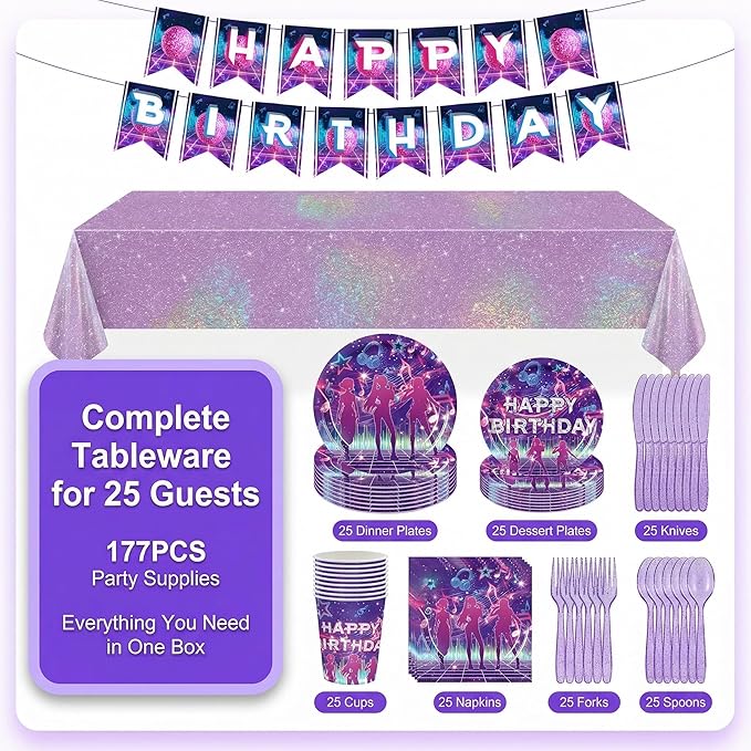 177 Pcs Birthday Party Supplies Set for 25, Music Theme Tableware with Banner and Tablecloth, 25 Plates, Dessert Plates, Cups, Napkins, Knives, Forks, Spoons, Concert Party Decor