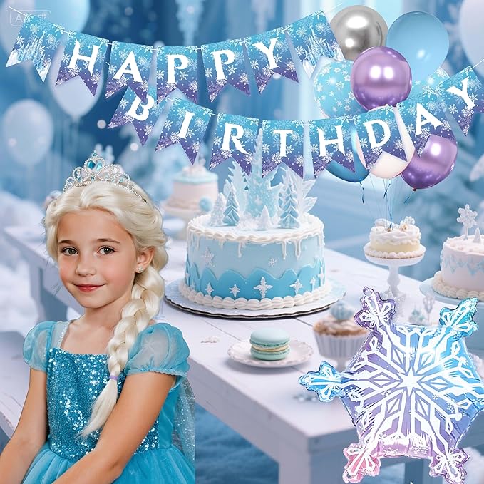 Frozen Birthday Decorations for Women,Happy Birthday Banner,Snowflake Foil Balloon,35 Blue Purple White Balloons,Photo Booth Props for Girls