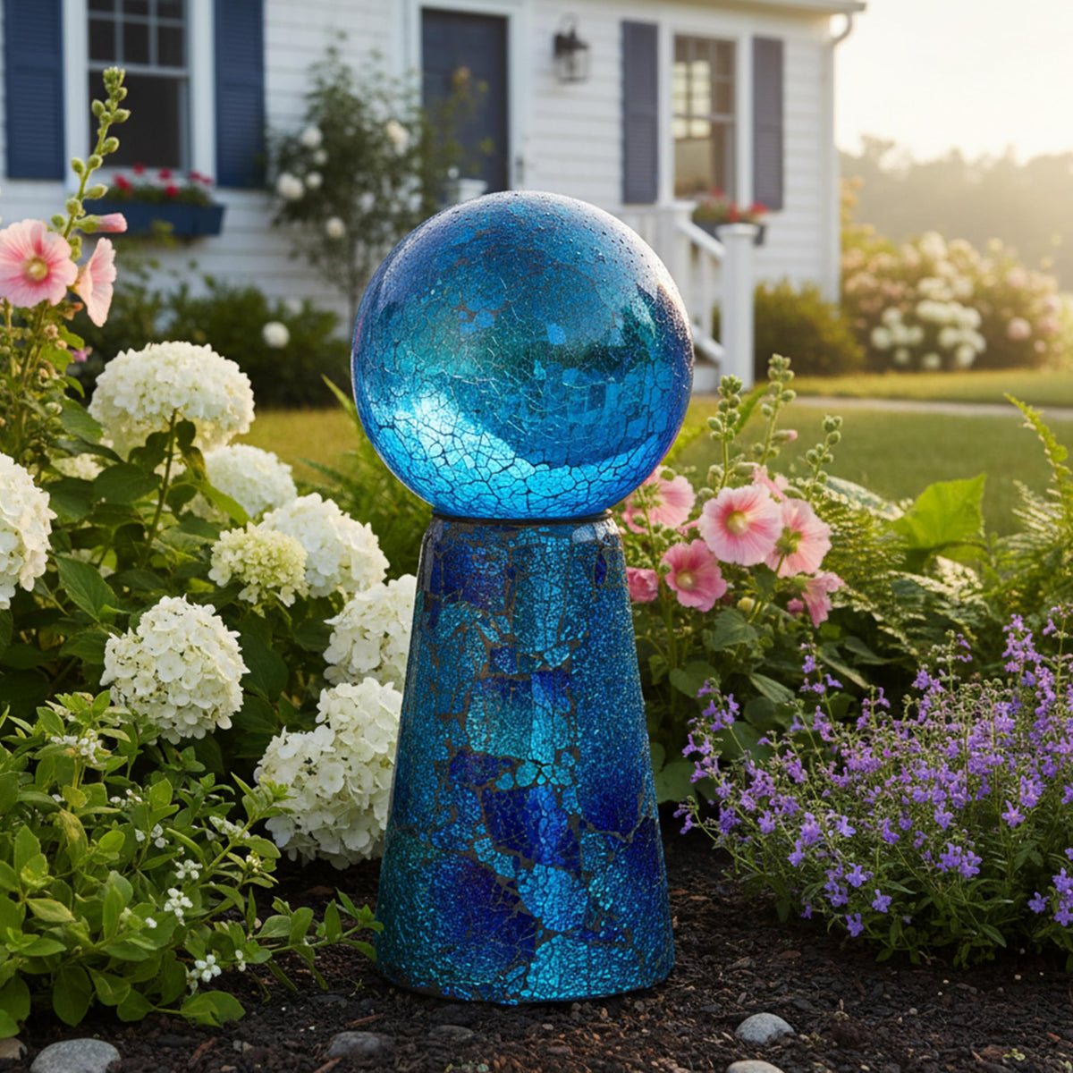Sunnydaze Glass Gazing Ball Stand for Outdoors, Deep Ocean Swirl