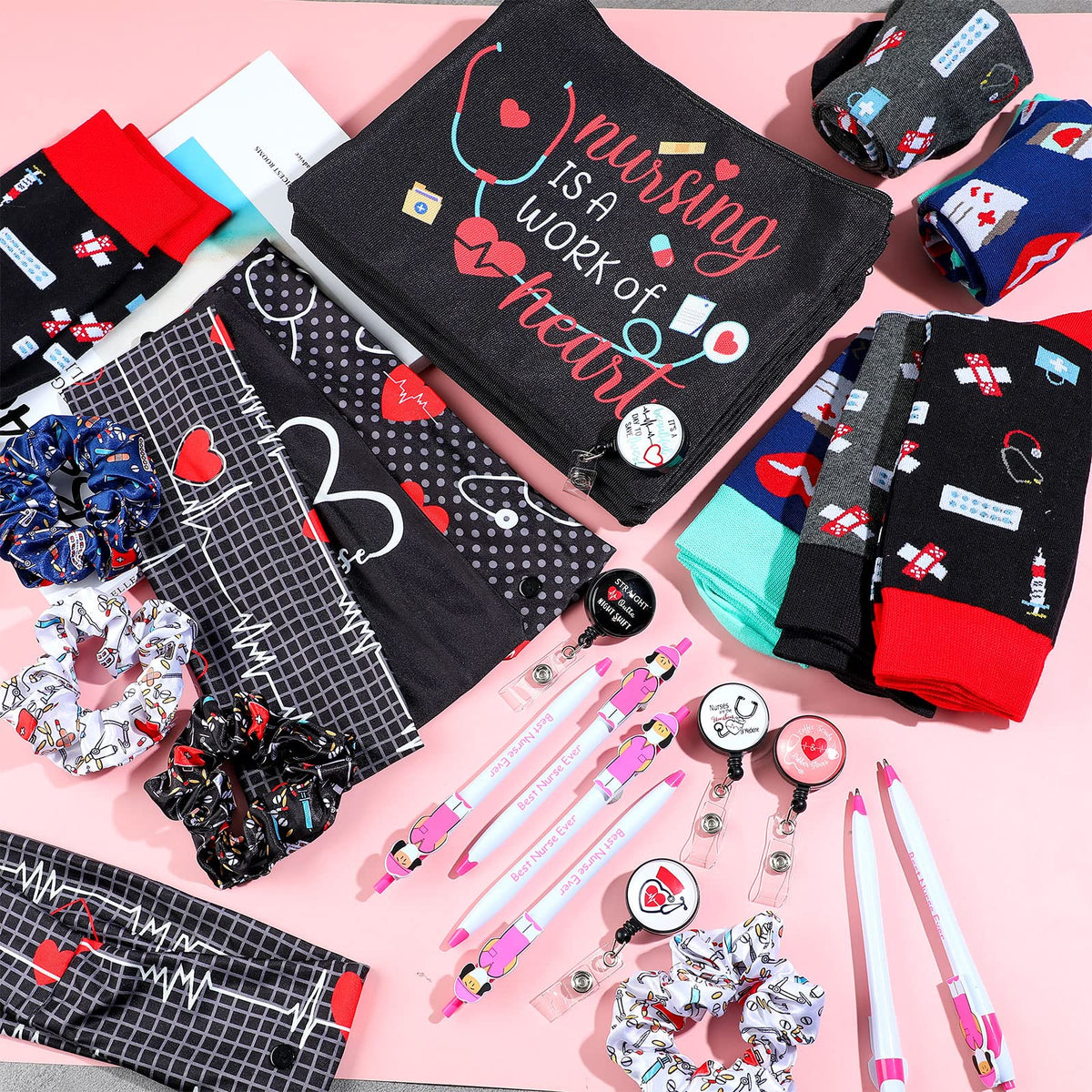Colarr 36 Pcs Nurse Appreciation Gift Set Include Nurse Makeup Bag Nursing Headbands Hair Nurse Scrunchie Nurses Socks Nurse Ballpoint Pens Nurse Badge Holder Reel Nurse Week Day Gifts for Nurse