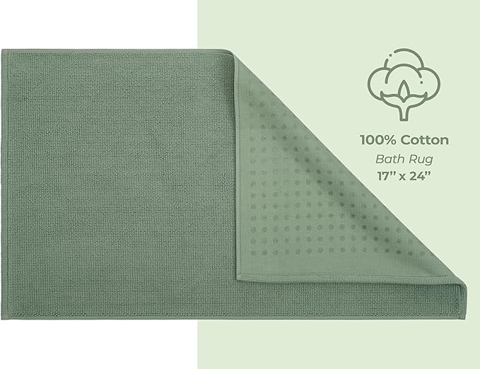 American Soft Linen Bath Rug, 17 in 24 in 100% Cotton Bath Mats Rugs for Bathroom, Slip Reducer Washable Shaggy Form Area Rugs, Sage Green Bath Rug