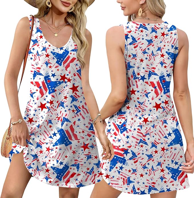 LHBNK 4th of July Dress for Women: American Flag Tank Dresses Star Striped Splicing Loose V Neck Sundresses
