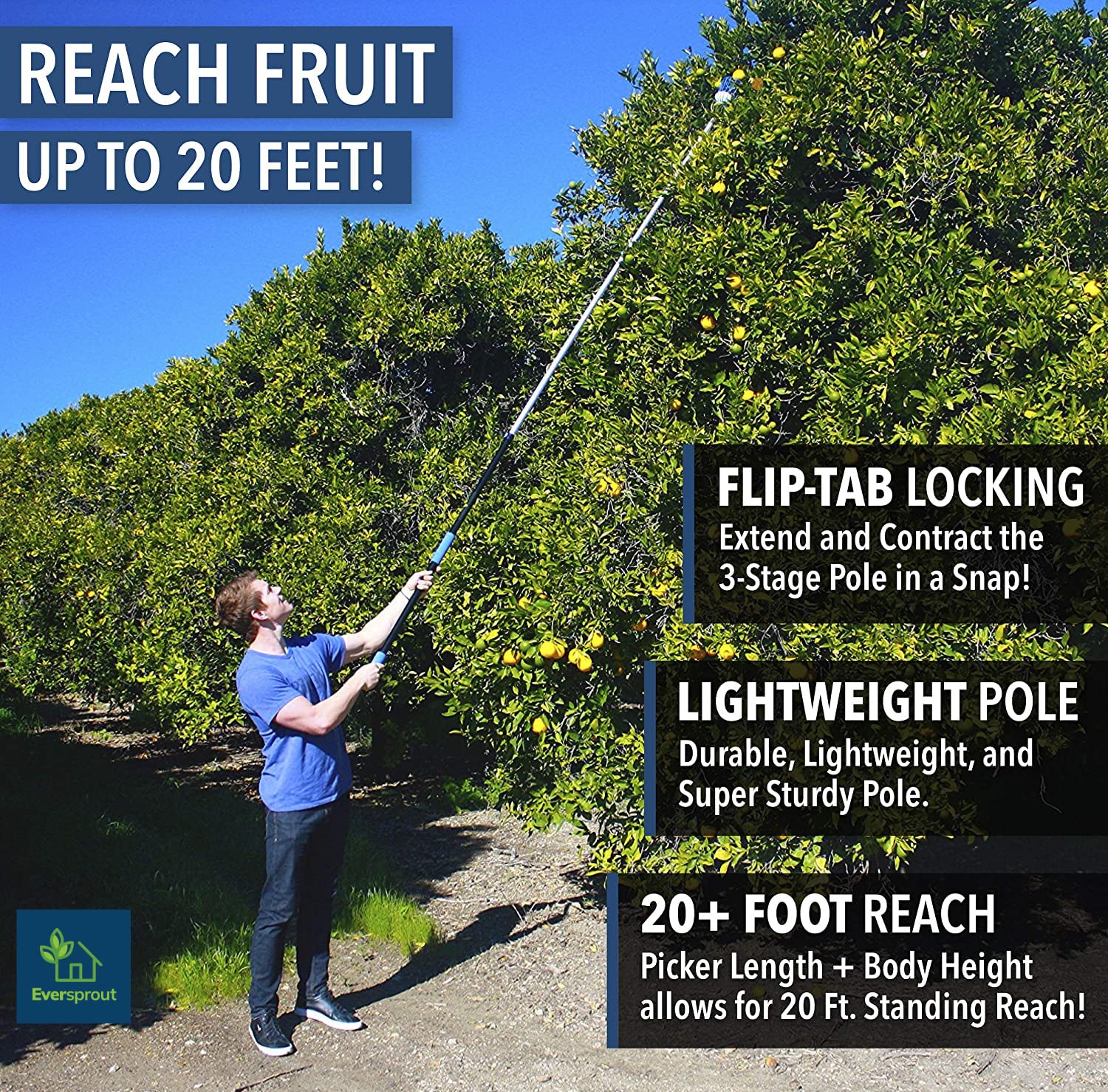 EVERSPROUT 4.5 to 12 Ft Fruit Picker with TwistOn Basket and Extension Pole