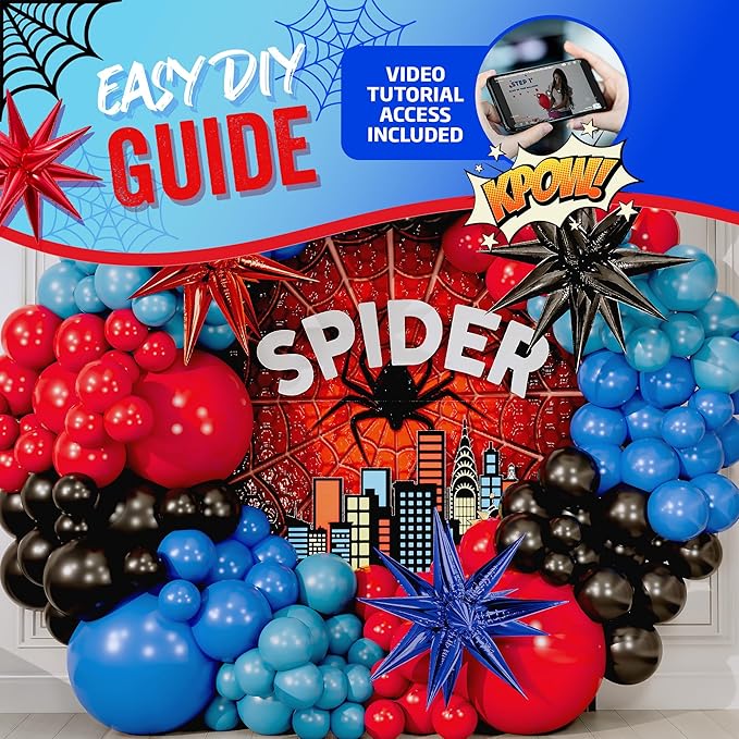 ALL-IN-1 Spider Balloon Arch Kit with BONUS Starburst for Spidy Birthday Decorations - Red Blue Spider Balloons for Spidy Man Party Decorations - Miles Birthday Decoration, Spidey Balloons