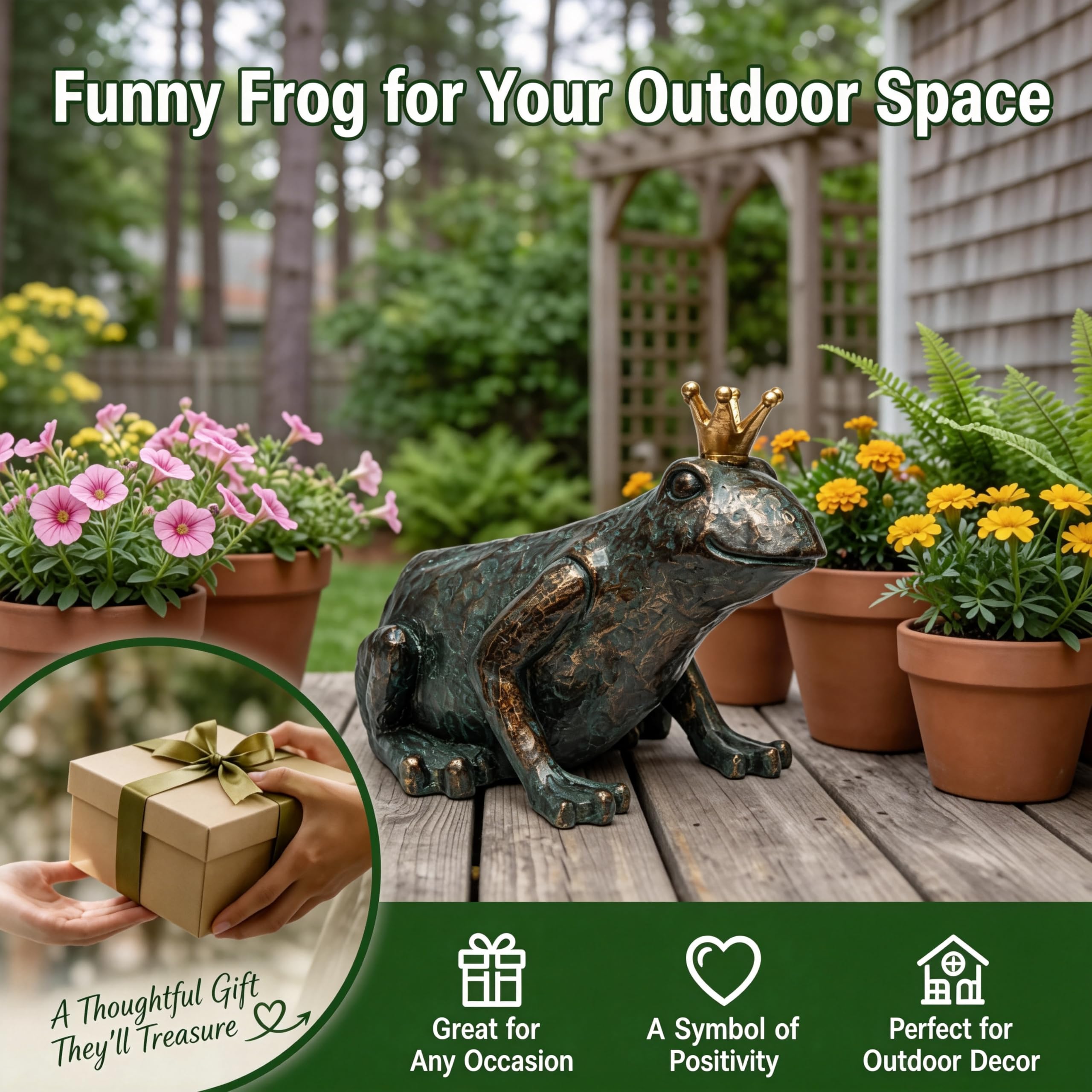 Lune cle Crouching Frog Prince Garden Statue, Yard Decorations Outdoor Decor, Weather-Resistant Animal Figurines & Sculptures for Patio & Porch, 11.5" L×8" H