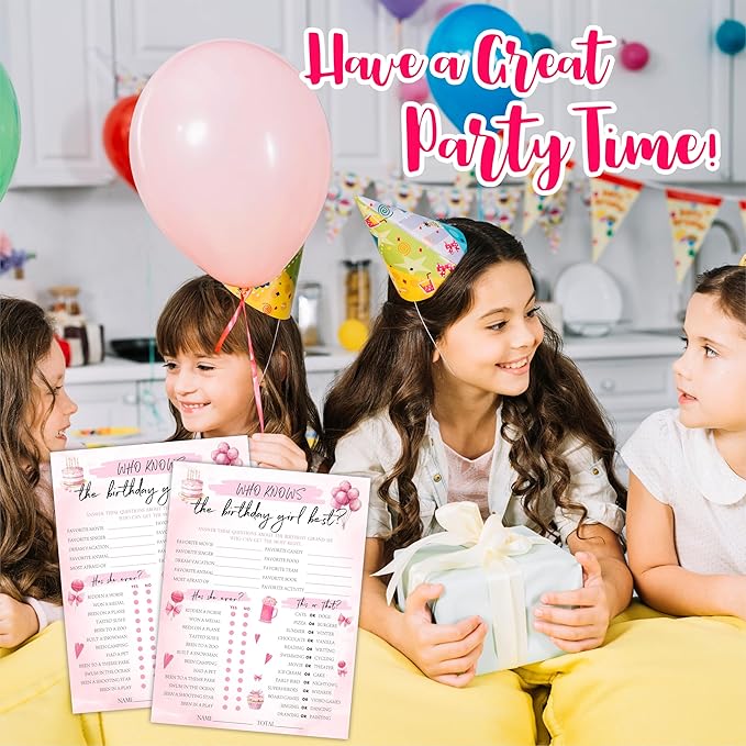 6"X8" Who Knows The Birthday Girl Best - Watercolor Birthday Elements - Funny Double-Sided 3-in-1 Game Card Set For Girls Birthday Party, Sleepover Party Activities, Favor & Supplies (20Pcs)- A09