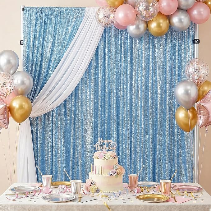 B-COOL Baby Blue Sequin Backdrop Curtains 2 Packs 3.3ftx8ft Baby Shower Sparkle Backdrop Fabric Glitter Background Drapes for Party Ceremony Birthday Decoration