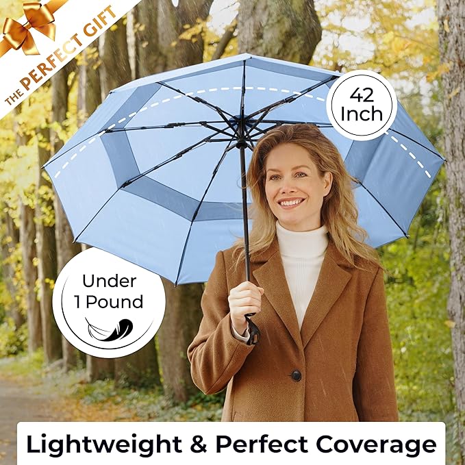 TUMELLA Strongest Windproof Travel Umbrella (Compact, Superior & Beautiful), Small Strong but Light Portable and Automatic Folding Rain Umbrella, Durable Premium Grip, Fits Car & Backpack