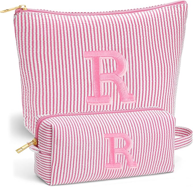Initial Makeup Bag Set for Women - Personalized Travel Pouch, Portable Cosmetic Bag Make up Kit Pouch | Travel Essentials Cute Makeup Bag Birthday Gifts for Women, Pink Letter R