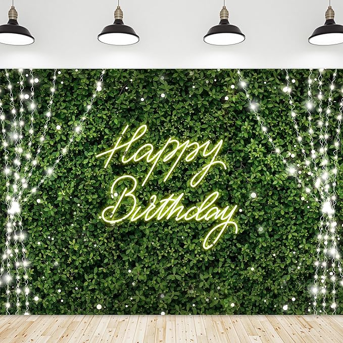 Riyidecor Green Happy Birthday Backdrop Polyester Fabric for Woman Grass Neon Leaf Rustic Spring Leaves Plant Botanical Nature 7Wx5H Feet Lights Photography Background Birthday Photo Studio Shoot