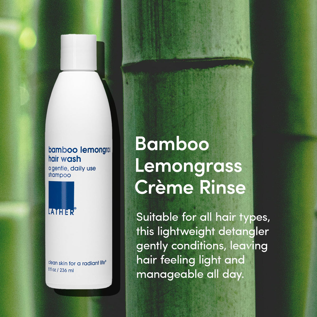 LATHER - Bamboo Lemongrass Crème Rinse, 8 fl oz (2-Pack) - Hair Conditioner - Lightweight Detangler - All Hair Types - Avocado Oil - Sensitive Skin Safe - Vegan & Cruelty Free - Beauty & Hair Care