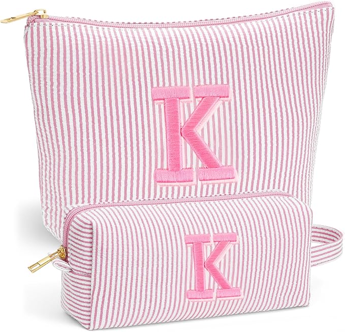 Beach Bags for Women Girl - Summer Beach Toiletry Makeup Bag, Travel Gifts for Her, Summer Personalized Makeup Pouch for Women Girls Birthday Gifts for Womens Girls - Light Pink Initial K