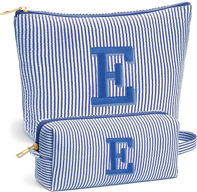 Initial Makeup Bag Set - Cute Blue Stuff for Women, Personalized Makeup Pouch Cosmetic Bag, Travel Essentials Toiletry Bag, Birthday Christmas Gifts for Women Stocking Stuffers, Blue Letter E