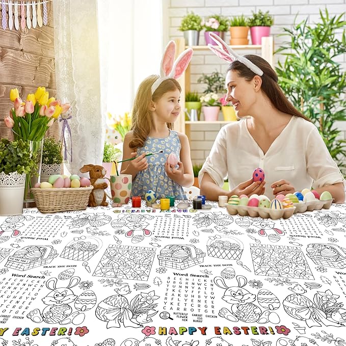 1 Pack Happy Easter Coloring Tablecloth for Kids - Giant Easter Color-in Paper Poster, Rectangle Easter Bunny Activity Coloring Table Cloth for Spring Easters Party Decorations Favors, 54 x 108 Inch