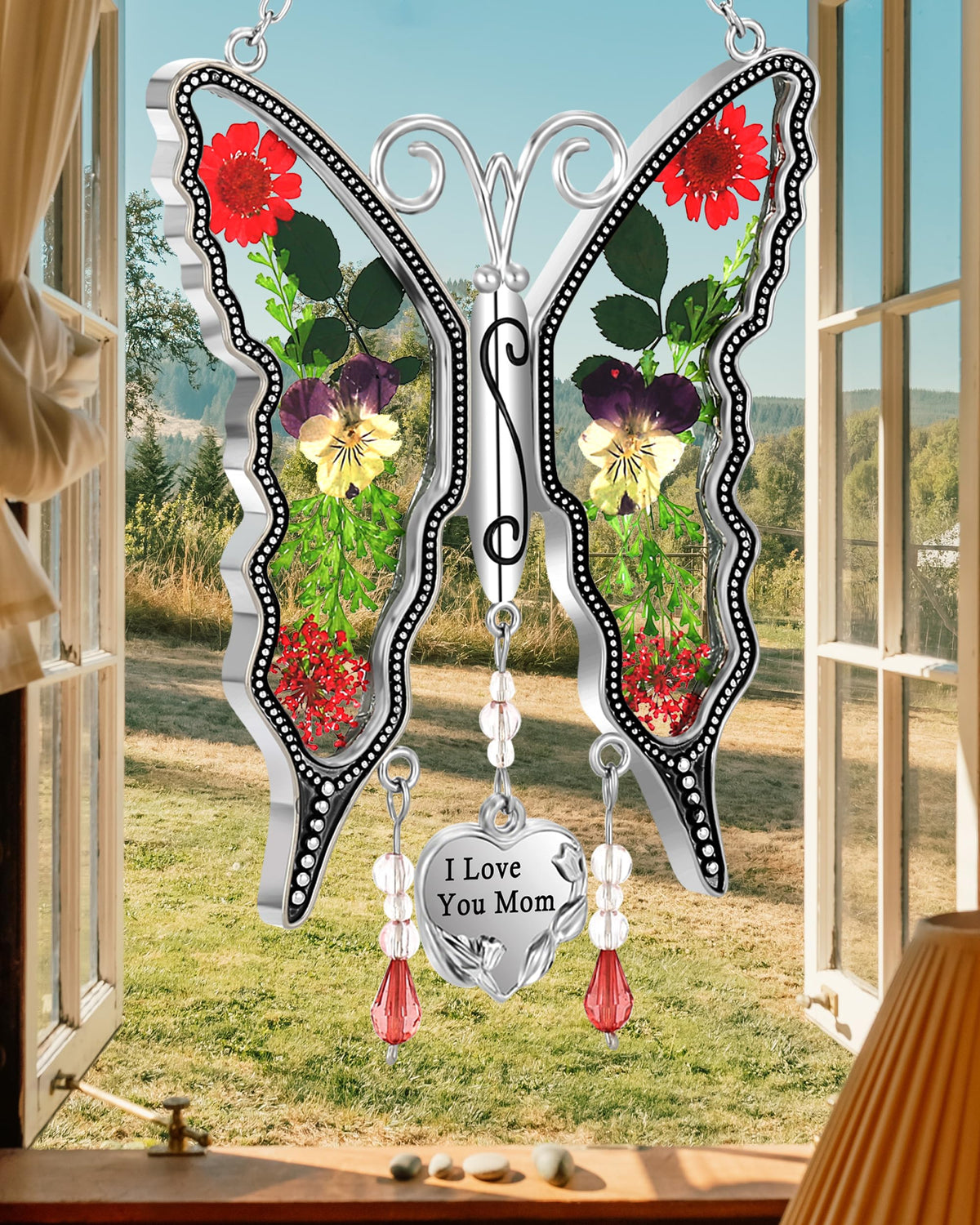 KY&BOSAM Mom Gift Butterfly Glass Pressed Flowers Suncatcher Window Hanging