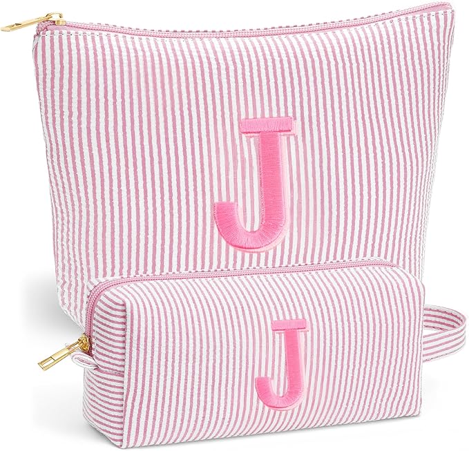 Travel Essentials - Portable Travel Toiletry Bag for Women, Initial Makeup Kit Organizer Make up Cosmetic Bag Set Light Pink Stuff Birthday Gifts for Women Daughter Mom, Light Pink Letter J