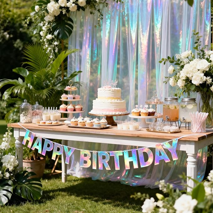 BTSD-home Iridescent Happy Birthday Banner 11ft Pre-Strung Letter Cards Reusable Cardstock Iridescent Birthday Decorations Unisex for Indoor Outdoor Holographic Party Backdrop