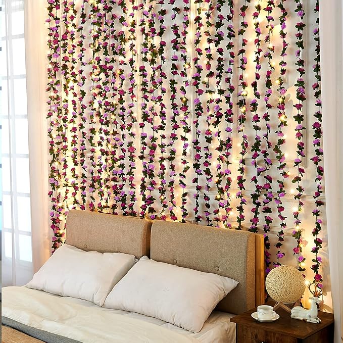 MARTINE MALL Flower Garland - Rose Vines, 8 Strands 66Ft for Bedroom, Purple Rose Floral Garland for Room Table Birthday Wedding Party Garden Wall Decor