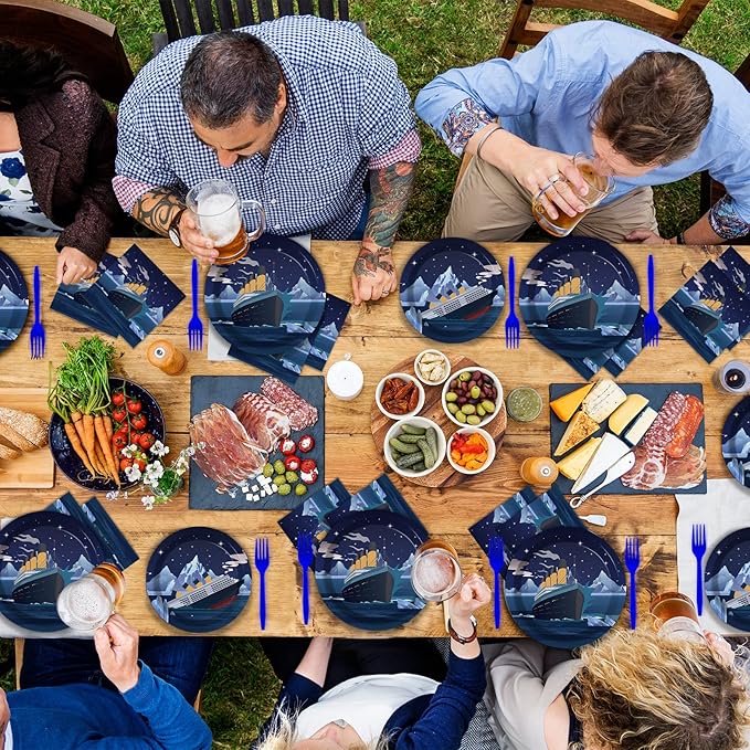 chiazllta 96 Pcs Nautical Party Paper Plate and Napkins Cruise Ship Classic Movie Birthday Party Table Decorations Supplies Ocean Tableware for 24 Guests