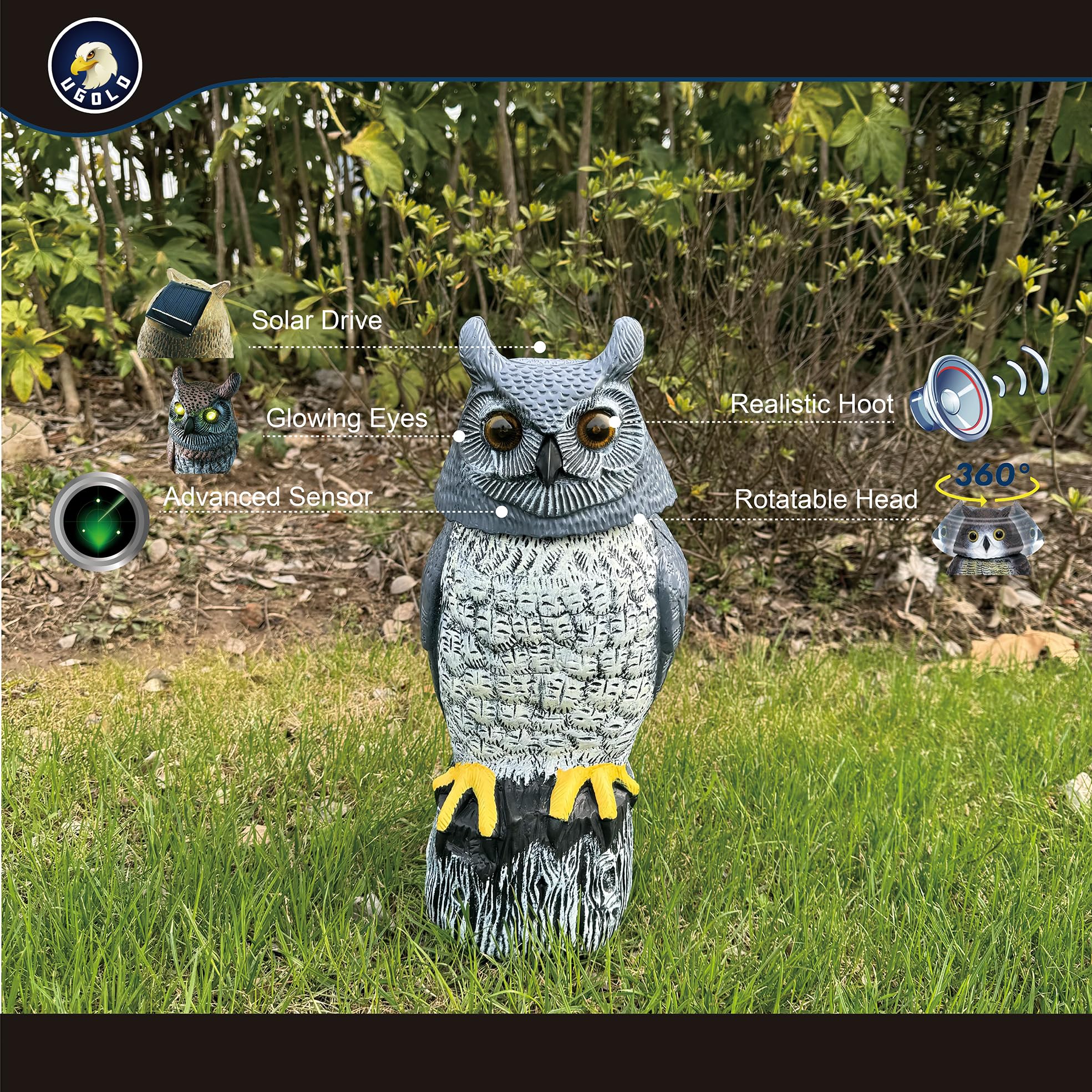 Ugold Solar Powered Garden Owl with Motion Detection, Rotating Head, Realistic Hoots and Silent Mode, Outdoor Statue and Sculpture, Owl Decoration for Home, Garden, Patio and Lawn