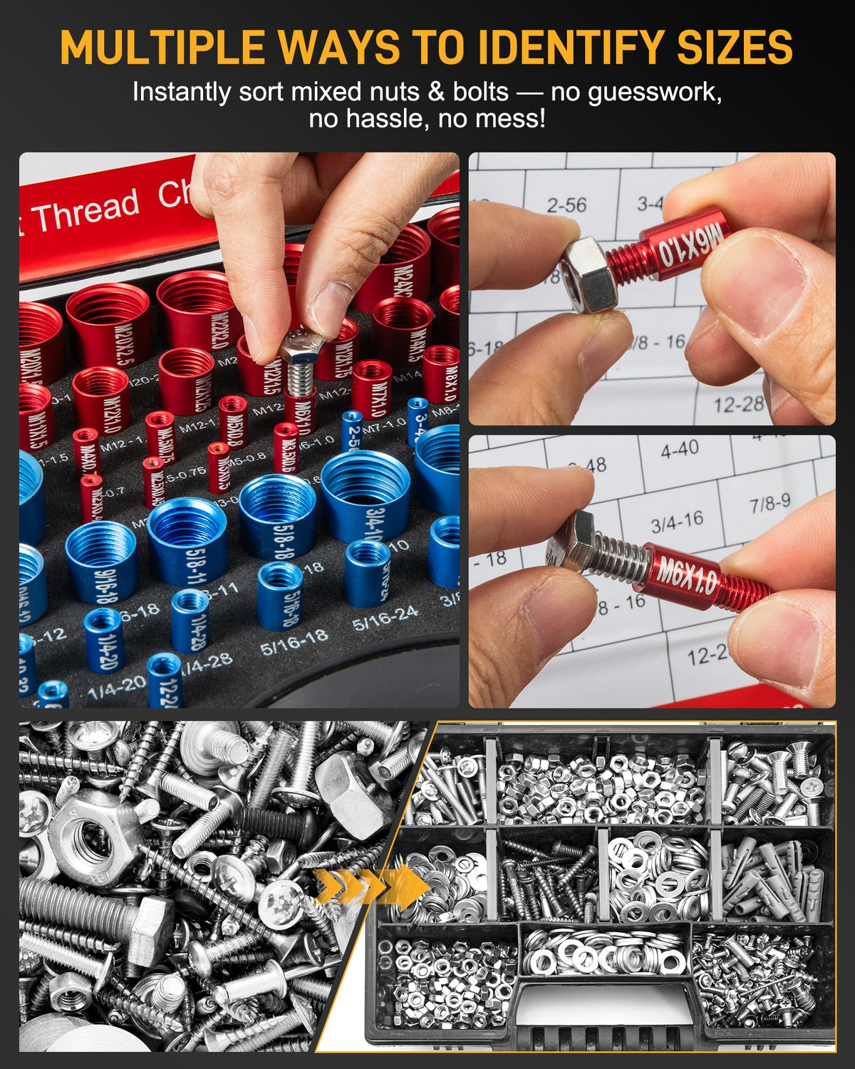 66-Piece Nut and Bolt Thread Checker Kit | 34 SAE (Blue) + 32 Metric (Red) Thread Gauges - Precision Bolt Size Finder for Tight Spaces, DIY & Professional Repairs
