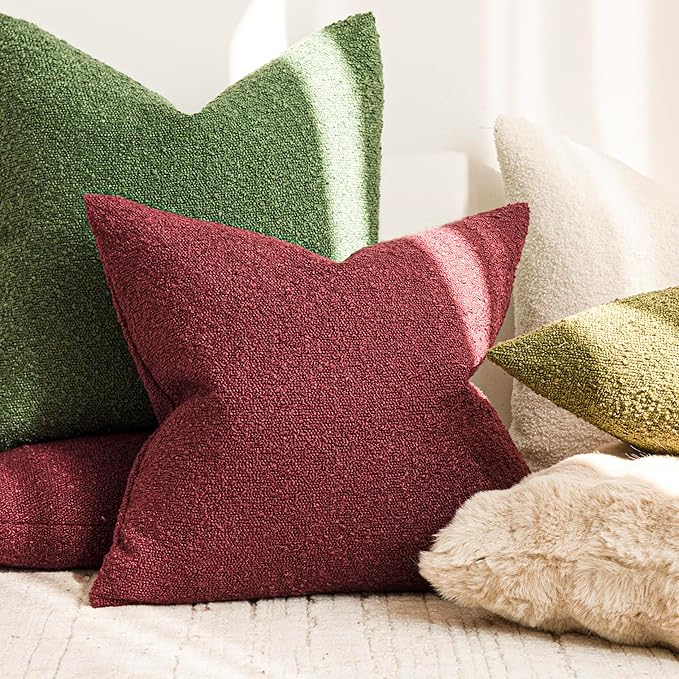 Foindtower Pack of 2 Textured Boucle Throw Pillow Covers Accent Solid Pillow Cases Cozy Soft Decorative Couch Cushion Case for Chair Sofa Bedroom Living Room Home Decor 20 x 20 Inch Hunter Green