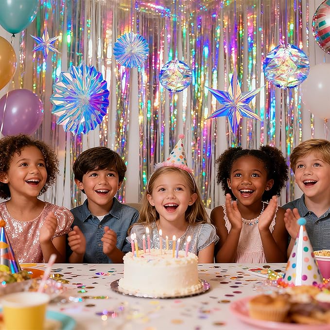 BTSD-home Iridescent Party Decorations, Hanging Honeycomb Balls, Paper Fans & 3D Star Ornaments, Holographic Ceiling Decor for Birthday, Wedding, Baby Shower, Christmas, Disco & Euphoria Theme Parties