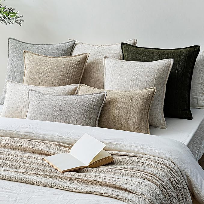 a moment Linen Pillow Covers Set of 2,Boho Farmhouse Throw Pillowcases Neutral Textured Decorative Covers for Couch Sofa, Soft Linen Blend Accent Case Cushion Living Room Home Decor 22"x22"Khaki