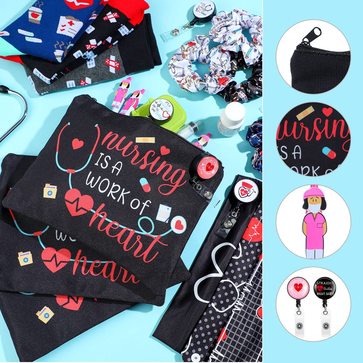 Colarr 36 Pcs Nurse Appreciation Gift Set Include Nurse Makeup Bag Nursing Headbands Hair Nurse Scrunchie Nurses Socks Nurse Ballpoint Pens Nurse Badge Holder Reel Nurse Week Day Gifts for Nurse